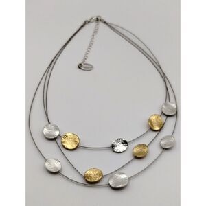 Caracol Silver and Gold Tone Dot Station Triple Strand Layered Wire Necklace